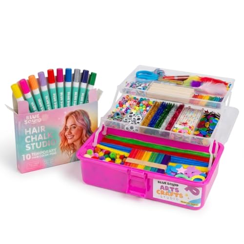 Blue Squid Arts & Crafts Box (Pink)- 2800+ pcs Deluxe Craft Supplies Box with Hair Chalk for Girls Pens – 10 Vibrant Temporary Hair Color for Kids