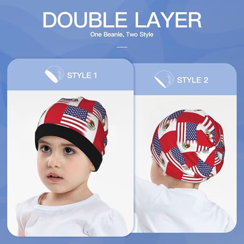 American Flag andMexican Flag Kids Leisure Elastic Knitted Hat Junior Large Size Knit Cap Child Beanie Black3