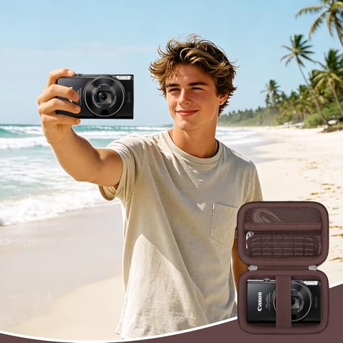 Image of Camera Case for Canon PowerShot ELPH 360 HS A, IXY 650 /ELPH 360 Camera Protective Case Storage Holder Travel Bag with Wrist Strap, Mesh Pocket for Battery Pack, USB Cable, Brown