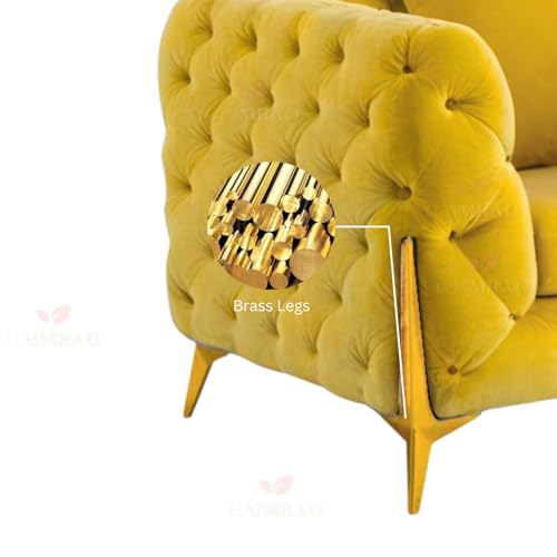 Image of 4 Seater Sofa Set Modern Classic Chesterfield Style Fabric Velvet with Pillows for Living Room, Bedroom and Office and Hallway Colour (3+1+OTTO Yellow FC)