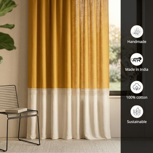 Image of Peepul Tree Cotton 7ft Door Curtain in Mustard & Off White | Top to Bottom Reversible Design| Woven Block Colours with Crochet Border | Semi Blackout 70% Light Blocking