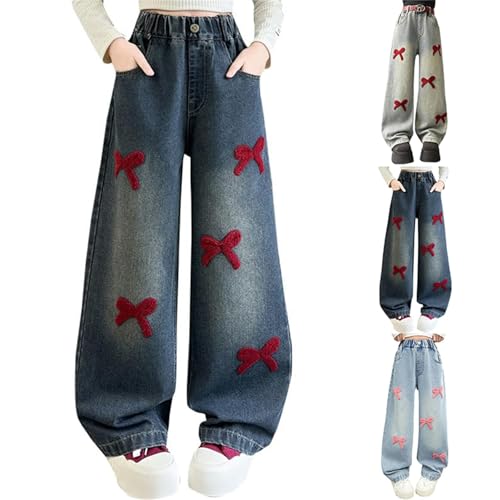 Cute Bow Jeans for Teens Girls Oversized Loose Wide Leg Baggy Denim Pants High Waisted Trousers Kids 2025 Trendy