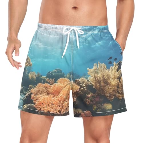 Mens Swim Trunks with Liner, Underwater Reef Coral Cool Quick Dry Beach Swim Shorts, Swimwear Bathing Suits S