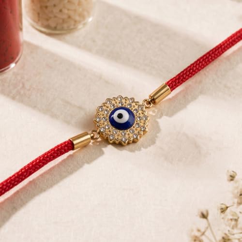 Image of PALMONAS Demifine 18K Gold Plated Evil Eye Rakhi for Brother - Waterproof & Anti-Tarnish Designer Rakhi for Men | Premium Raksha Bandhan Rakhee with Roli Chawal