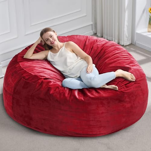 Image of Hobestluk Adults Bean Bag Chair 5FT Big BeanBag Chair Giant Large Oversized | Memory Foam,Removable Cover,Velvet Fabric,Side Pocket,Bean Bag Chairs for Adults Cloud Chair for Reading Seating | Red 5FT