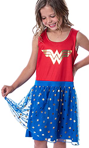 INTIMO DC Comics Girl's Wonder Woman Logo and Stars Tank Nightgown Costume Pajama Dress
