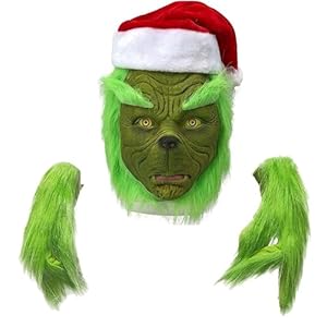 LKOIVNED Máscara Grinch, Grinch Navidad Decoracion, Máscara de Navidad y Guantes con Gorro Rojo Cosplay, Disfraz Grinch Adulto para Halloween Xmas Divertido Carnaval Fiesta