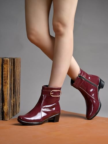 Image of Shoetopia Women's Ankle Boots with Low Heel & Gold Buckle - Stylish Slip-Resistant Zip-Up Short Boots for Casual & Party Footwear