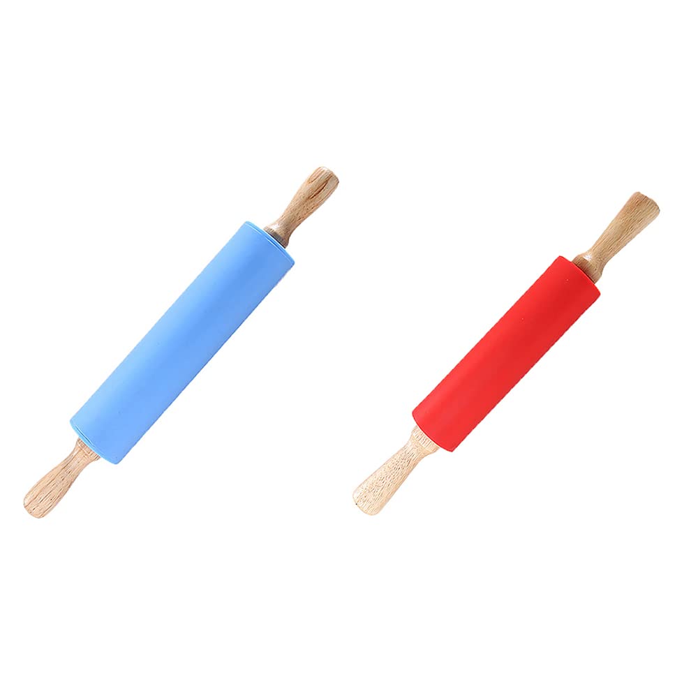 Rodillo de silicona para cocina, rodillo giratorio de madera para galletas en relieve, grande, antiadherente, para masa lisa para uso en la cocina, hornear, niños (rojo + azul)