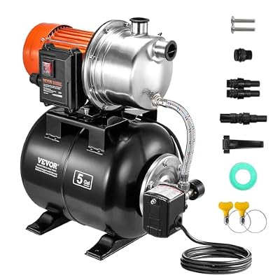 VEVOR 1 HP Shallow Well Pump with Pressure Tank, 1000 GPH, Automatic Irrigation Water Booster Pump with 130 ft Head Lift 20/40 PSI Pressure Switch, 304 Stainless Steel Pump Head for Home Garden Lawn