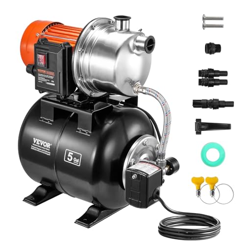 VEVOR Bomba para Pozos Poco Profundos de 735 W 3785 L/H con Tanque de Presión de 19 L Bomba de Refuerzo de Agua de Riego Automática con Cabezal de Bomba de Acero Inoxidable para Césped de Jardín