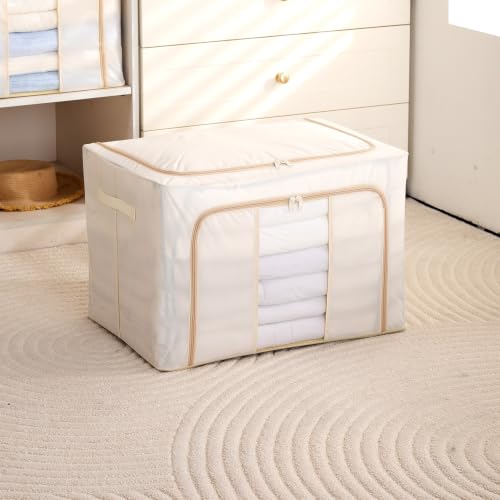 Image of HOKIPO 100L Wardrobe Organiser for Storage for Clothes, Extra Large Foldable Storage Box, Cream Pack of 1 (NEW-AR-6671-CRM)