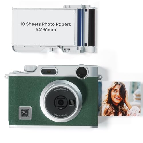iDPRT Instant Print Camera, Instant Film Camera, Wireless Bluetooth Photo Printer + 10 Sheets Photo Paper, Portable Instant Cameras That Print Photos for Christmas/Birthday/Travel/Party Gree