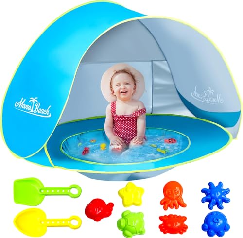Monobeach Baby Beach Tent with Beach Sand Toys Pop Up Portable Shade Pool UPF50+ UV Protection Sun Shelter for Infant with Easy Set Up Canopy (Blue with Toys)