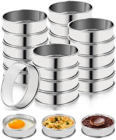 Lyellfe 20 Pieces English Muffin Rings, Stainless Steel Crumpet Rings, 3 Inch Double Rolled Nonstick Muffin Tart Ring Mold for Home Baking, Food Making