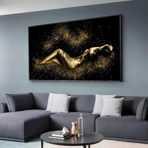 Tableau noir et or abstrait pour salon élégant | Toile femme 50x90 cm