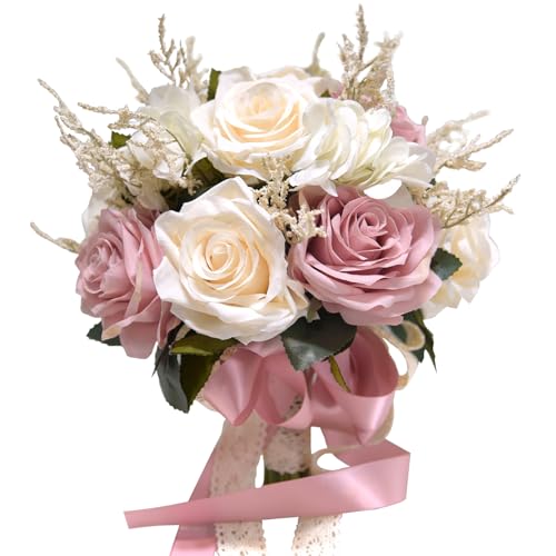 LCiclly Altrosa Hochzeitssträuße für Braut, Brautjungfer, künstlicher Seidenrosen, Brautstrauß für Hochzeit, französischer Vintage-Stil, Boho, rustikale Kirchendekoration, Wurfstrauß (21,8 cm (M))