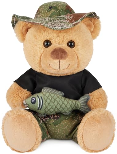 BRUBAKER Osito de Peluche Pescador con Pez y Sombrero de Pescador - Osito de Peluche de 25 cm para Pescadores y Fans del Outdoor - Portafortuna para Amigos de la Pesca - Camuflaje Marrón