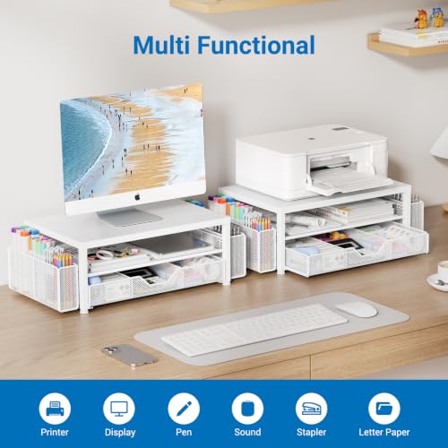 Image of OPNICE Desk Organizers and Accessories, Computer Monitor Stand Riser with Drawer and 2 Pen Holders, Printer & Laptop Stand, Office Desk Accessories & Workspace Organizers for Home Office Supplies, Metal White