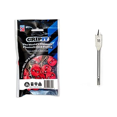 Gripit GP1825 - Red/18mm - Pack of 25 & GPDRILL18 18mm Premium Flat Drill Bit - Suitable for Red s (18mm), Grey Cover