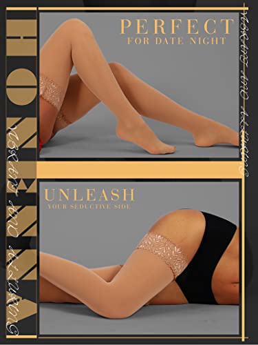 Image of HONENNA Semi Sheer Stay Up Lingerie Thigh High Stockings Lace Top Size A-F