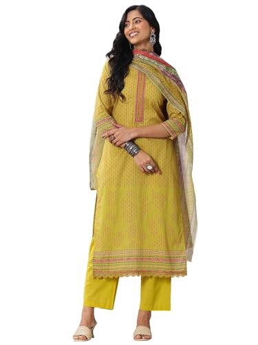 Image of Libas Printed Cotton Straight Kurta With Trouser and Dupatta