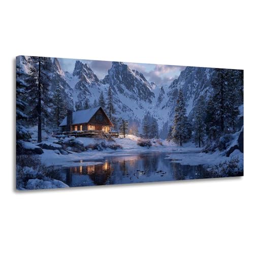 GAFSING Snowy Blue Winter Mountain Cabin Canvas Wall Art for
