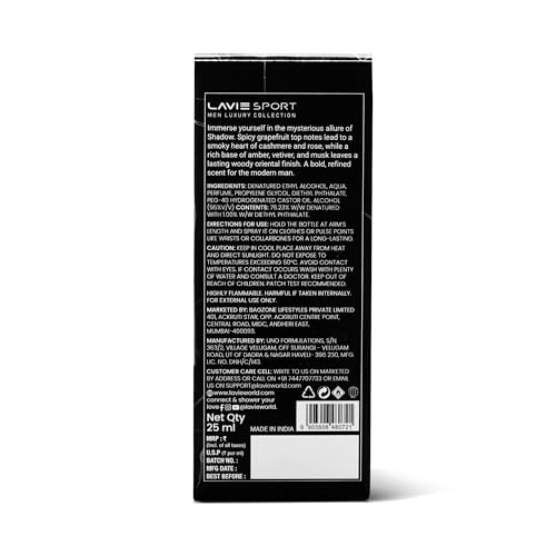 Image of Lavie Sport Shadow | Long Lasting Perfume for Men | EDP 25ml |Bergamot, Pepper, Oud, Amber, Leather, Vetiver, Musk | Premium Unisex Fragrance