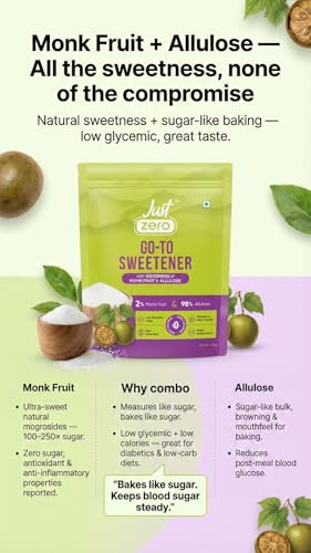 Image of Just Zero Monk Fruit & Allulose Natural Sweetener for Diabetics | 1:1 Sugar Replacement for Tea /Chai, Filter Coffee, Mithai & Baking | No Erythritol, Zero Calorie, Keto Friendly | 200g