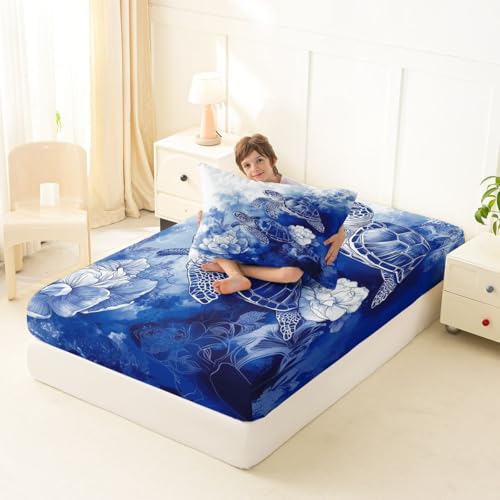 Image of jejeloiu Sea Turtle Bed Sheets Set Full Size Blue Flowers Deep Pocket Fitted Sheet Ocean Bedding Sets Reptile Tortoise Soft Bed Set 4Pcs with 2 Pillow Cases