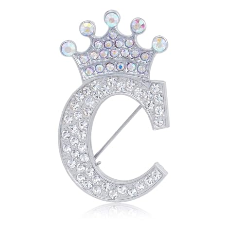 Image of Initial Letter Brooch Pins with Crown for Women Girls Men Boys Personalized Name Brooches Crafts Colorful Rhinestone Brooch Pins Silver A-Z