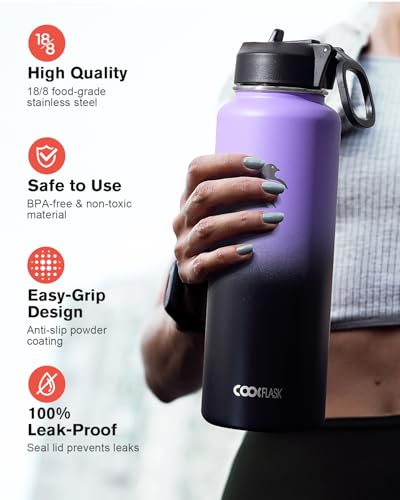 Image of Coolflask 40 oz Water Bottle Insulated with Straw & 3 Leakproof Lids