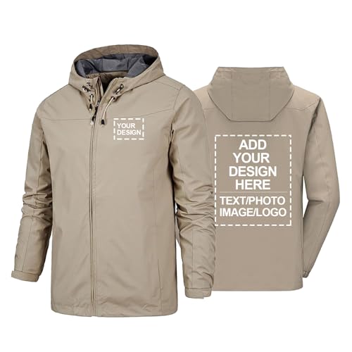 CLMETHE Chaqueta impermeable para hombre y mujer, con capucha personalizada, softshell, impermeable, logotipo personalizado, texto e imágenes., khaki-l