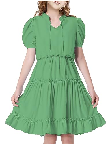 Mebius Girls Puff Short Sleeve Tie Front V Neck Elastic Waist Boho A-Line Dress Tiered Dresses for Casual School Preppy 6-12Y