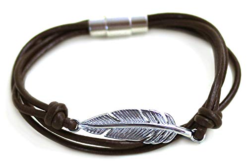 Lynnaround Stylish Surfer Men Women Angel Wing Leaf Feather Genuine Leather Bangle Cuff Wrap Bracelets Stainless Steel Magnetic Clasp (Dark Brown, 18) #TOP11