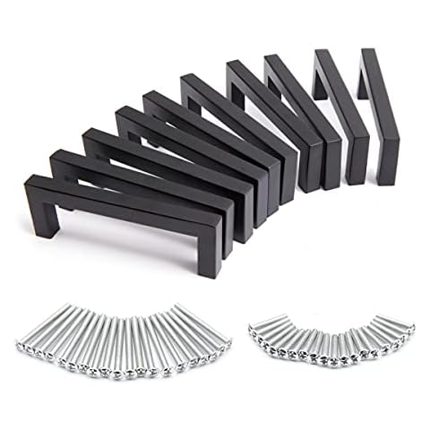 Hamimelon 10 Pack Kitchen Cabinet Handles Stainless Steel Black Square Cupboard Door Pulls with Fixing Screw (Hole Center 128mm/5inch) Cover