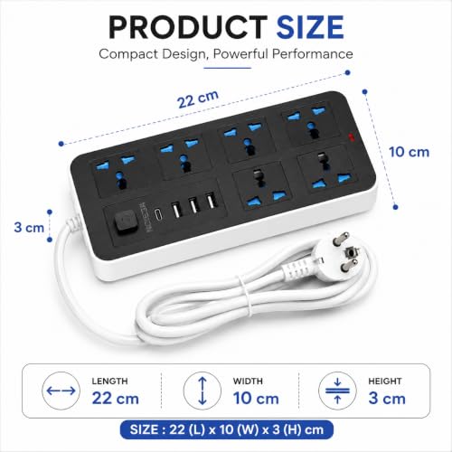 Image of 10 in1 Universal Extension Board with 6 Sockets 3 USB Ports & 1 PD Type-C Fast Charging |1.8M Cable | 2500W Power Strip with Switch | Multi Plug Cord for Home Office TV Computer & Mobile