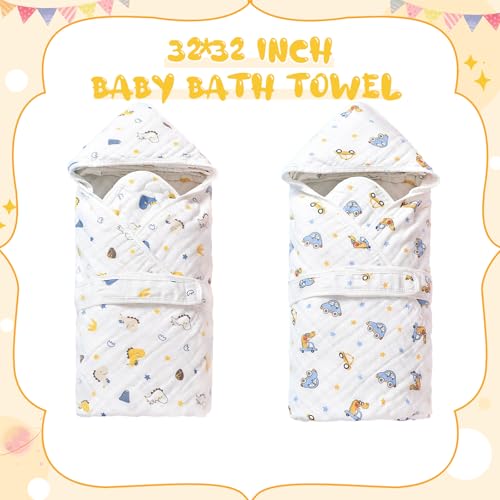 Image of 2 Pack Hooded Baby Bath Towels,Large 32 inchx 32 inch (Cars /Dinosaurs) | Cute and Fun Design, Soft and Absorbent, Unisex Baby Bath Essentials, Moisture absorption and quick drying