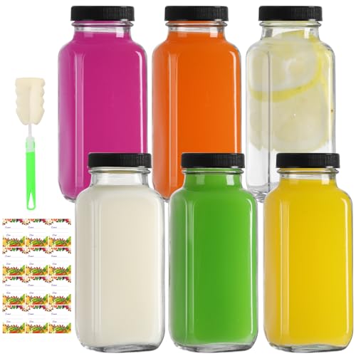 EkkoVla 6 Pack 250ml Glass Juice Bottles with Lids, 8 oz Reusable Beverages Drinking Jars, Juicing Bottles for Smoothies, Homemade Beverages, Milk, Hot Cold Drinks, Kombucha