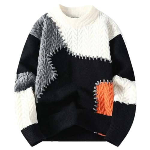 Men's Winter Patchwork Sweater - Thick Warm Knit Pullover Streetwear Loose Crew Neck Casual Top