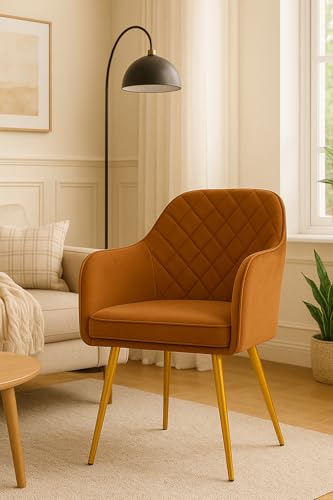 Image of Barfi Velvet Dining Chair | Premium Modern Upholstered Accent Chair with Armrest, Padded Seat and Metal Legs | Comfy Chair for Home, Office & Restaurents (Light Brown)