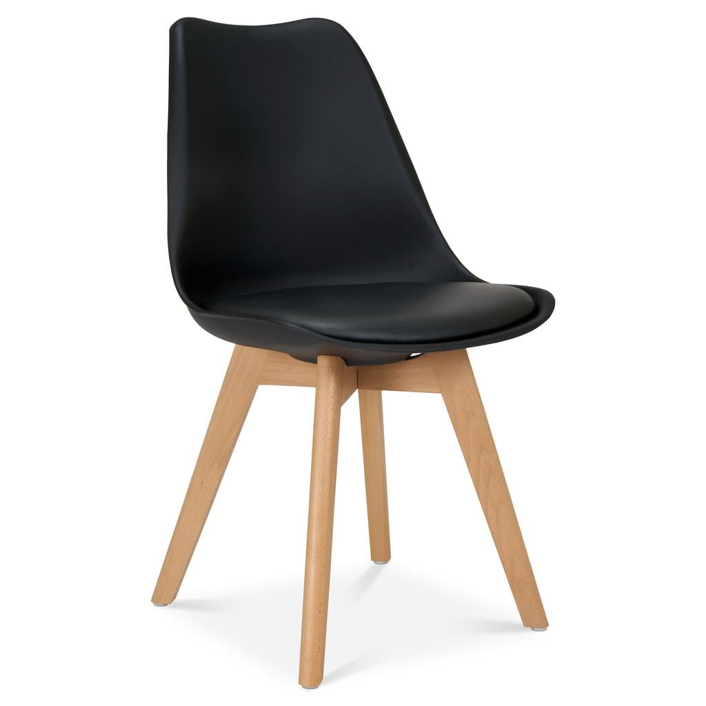 Bravich Rocco Dining Chair with Cushion Pad Seat, Black Plastic Kitchen Chair with Wooden Legs, Modern Single Accent Chair for Dining Room, Bedroom, Dressing Table and Vanity
