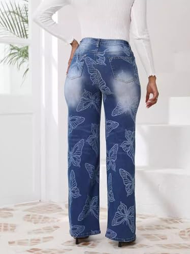 Stretchy Wide Leg Jeans for Women High Waisted Butterfly Print Vintage Straight Leg Jeans Cute Baggy Mom Denim Pants2