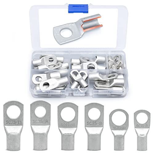 Wirefy 30 Pièces Cosses Electriques Ronde à Œillet en Cuivre Étamé - Extrémités de Câbles de Batterie Non Isolées - Cosses à Sertir a Oeil à Anneau...