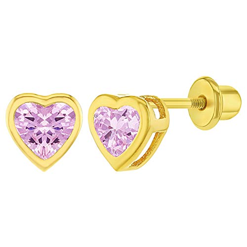 Gold Plated White Cubic Zirconia Heart Safety Screw Back Earrings Stud for Toddlers & Little Girls - Lovely White Crystal Heart Jewelry Gift for Birthdays or Valentine's Day