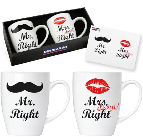 Brubaker Mr. Right & Mrs. Always Right Set Tazze da Caffè in Ceramica - 2 Tazze da Caffè 300 ml con Biglietto d'Auguri e Confezione Regalo