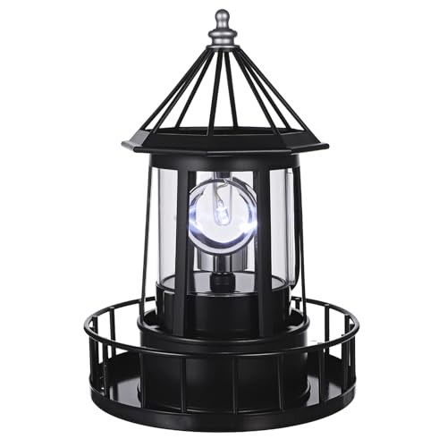 Phare solaire rotatif noir pour eclairer un jardin sombre et decorer un patio sans fil electrique