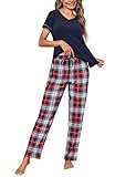 Litherday Pijama Mujer Algodón Verano Conjunto de Pijamas 2 Piezas con Camiseta Manga Corta y Pantalón Largo a Cuadros,Cuadros Azul Marino,L