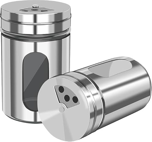 2 PCS Steel Salt and Pepper Shakers with Adjustable Pour Hole, Ideal for Dispensing Coarse Salt, Kosher Salt, Sugar, Cinnamon, and Other Spices-Elegant Glass and Stainless Steel Dispensers