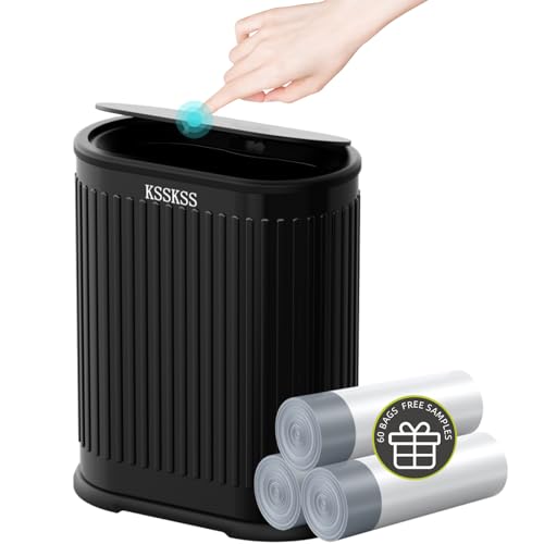 Image of KSSKSS 1.8 Gallons Small Stainless Steel Trash Can with Press Type Lid, Slim Bathroom Garbage Bin, Removable Liner Bucket, Dog Proof Narrow Wastebasket with Pop-Up Lid for Bedroom,Toilet (Matt Black)